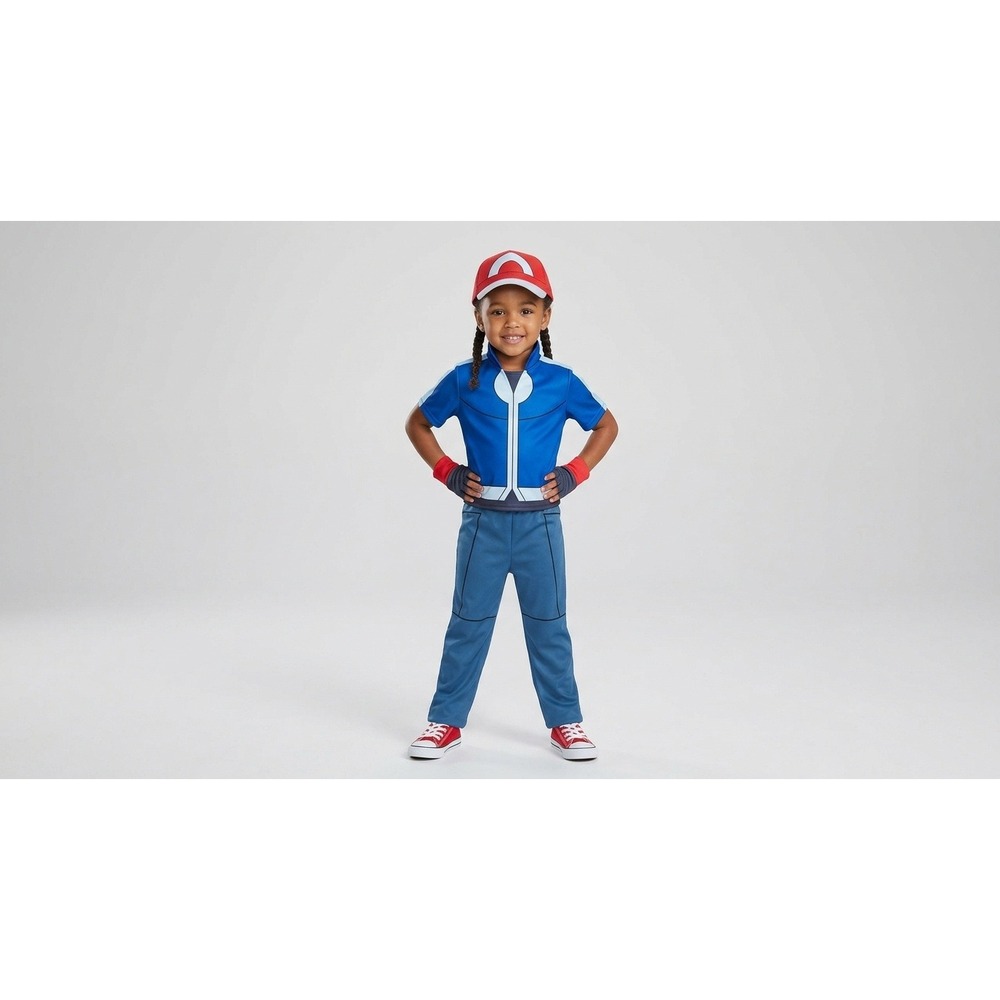 Pokemon Ash Ketchum Costume Kids Rubies Blue Red Hat Gloves Size Small 4-6
